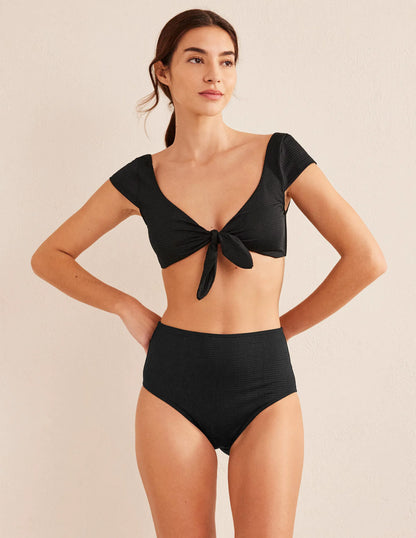 High Waisted Bikini Bottoms-Black Seersucker Texture