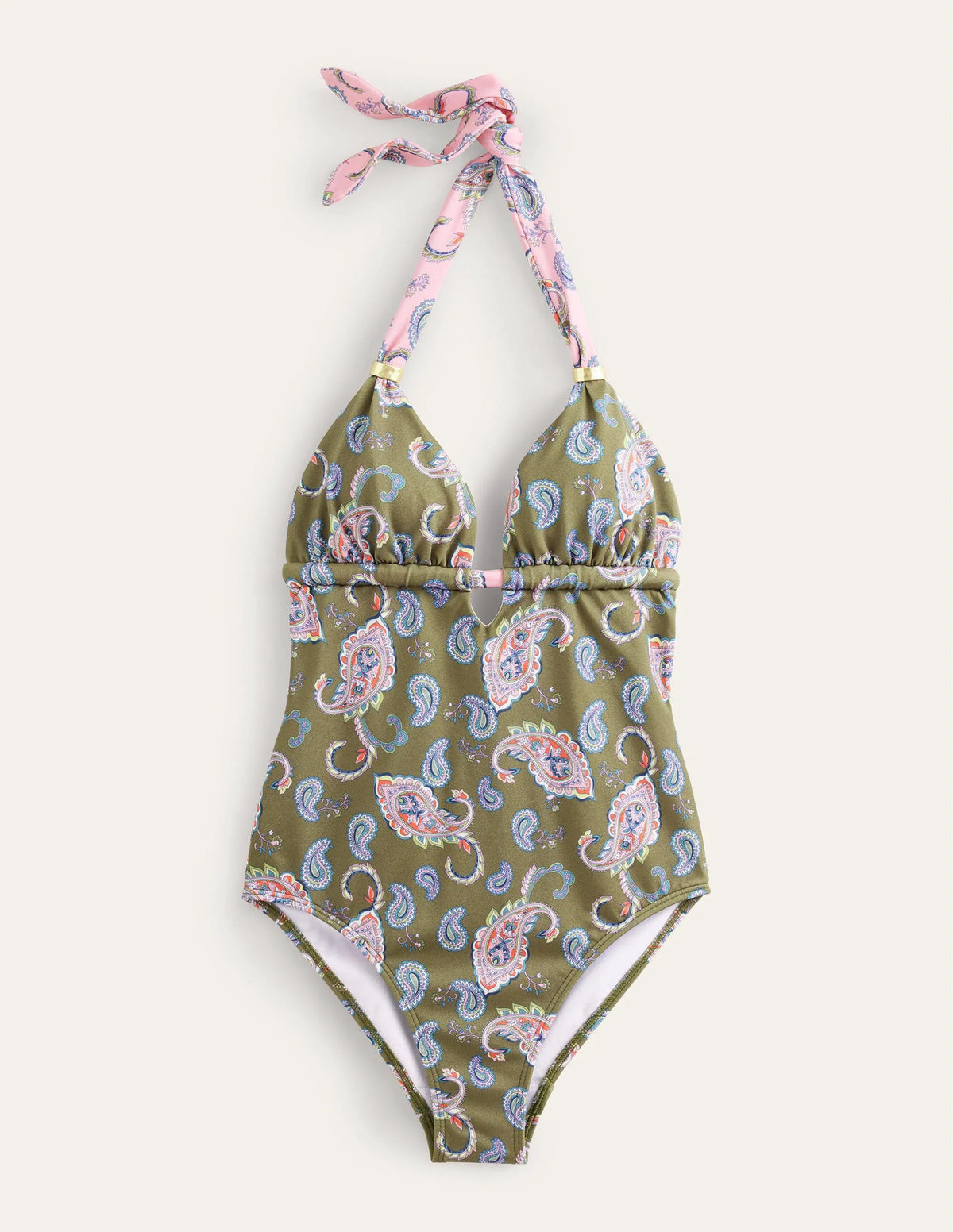 Beaded Gather Halter Swimsuit-Basil, Paisley Pome
