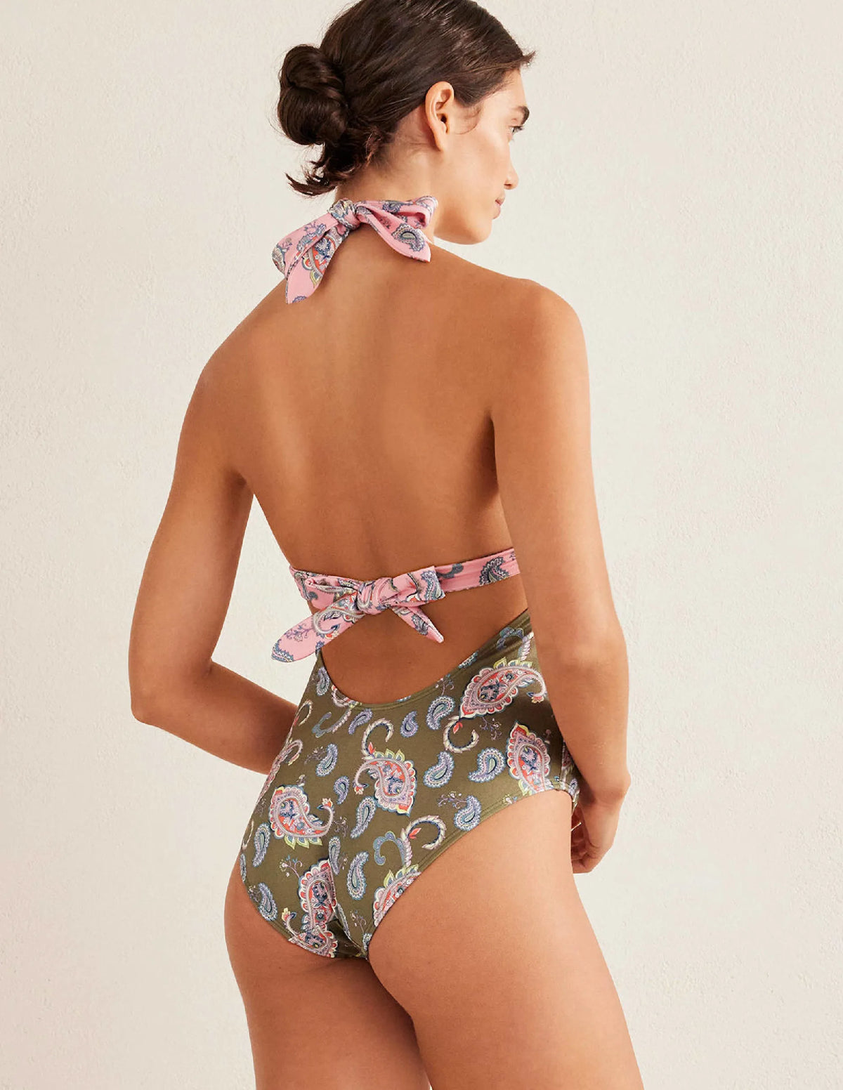 Beaded Gather Halter Swimsuit-Basil, Paisley Pome