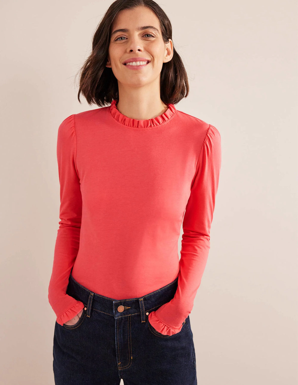 Supersoft Frill Detail Top-Coral