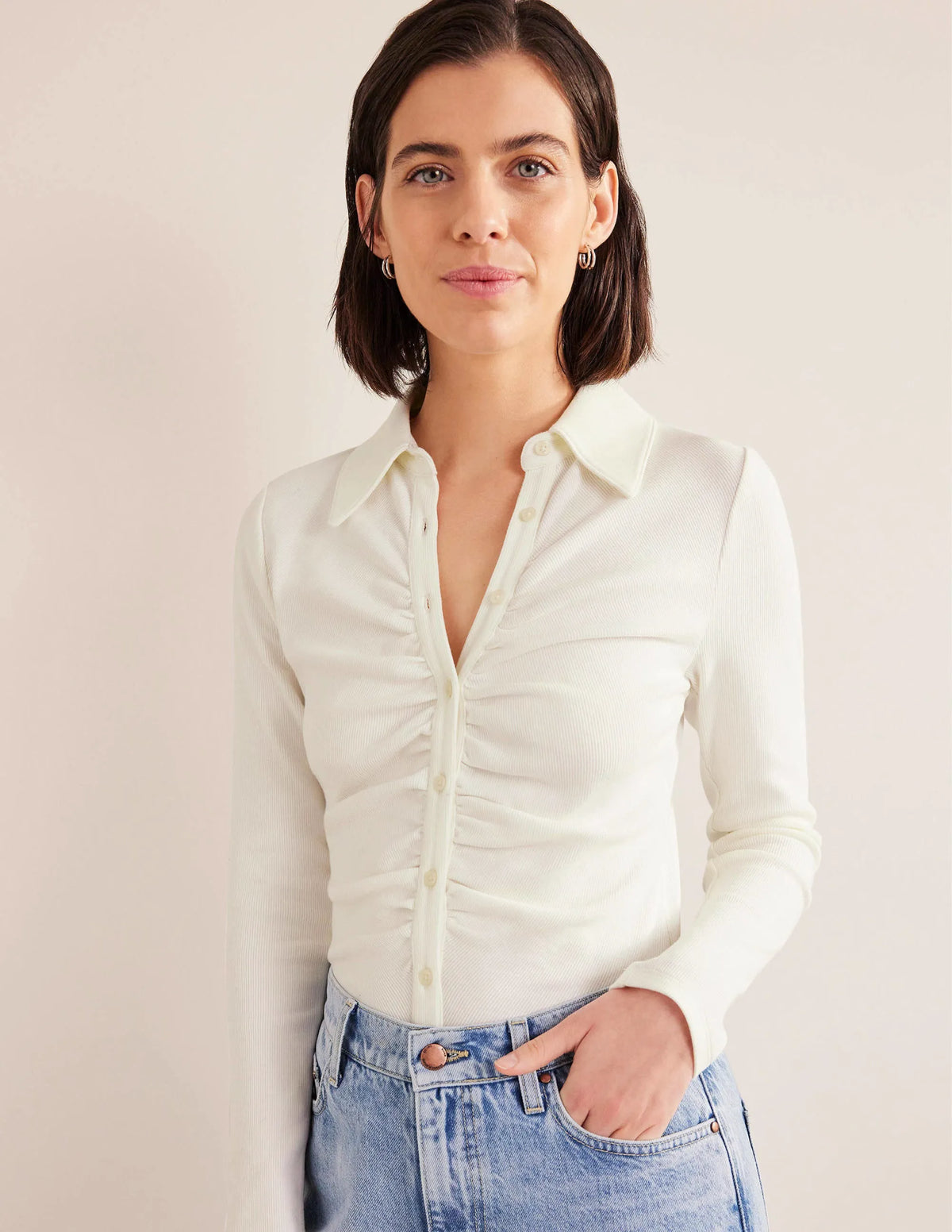 Ruched Front Jersey Shirt-Ivory