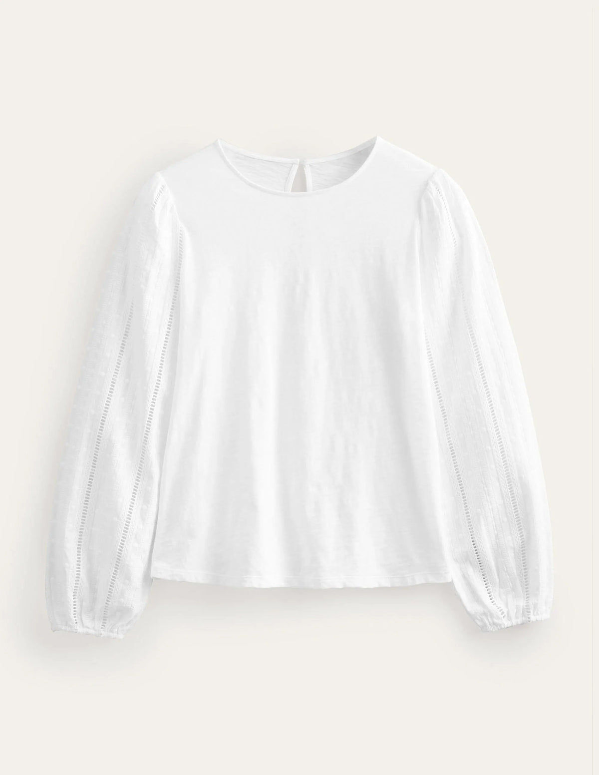 Crew Neck Broderie Sleeve Top-White
