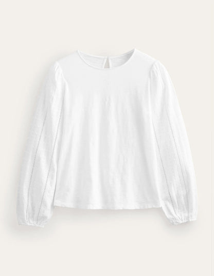 Crew Neck Broderie Sleeve Top-White
