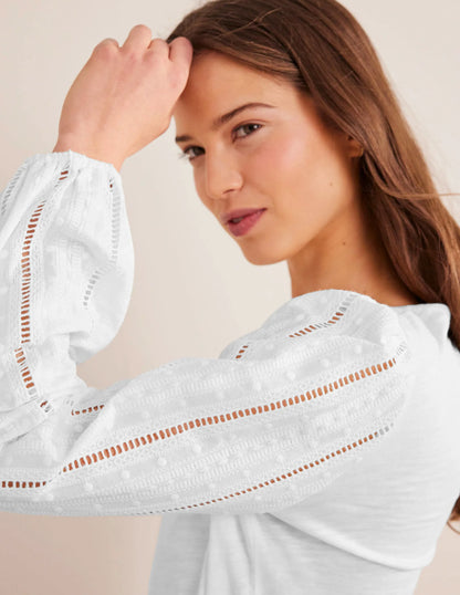 Crew Neck Broderie Sleeve Top-White