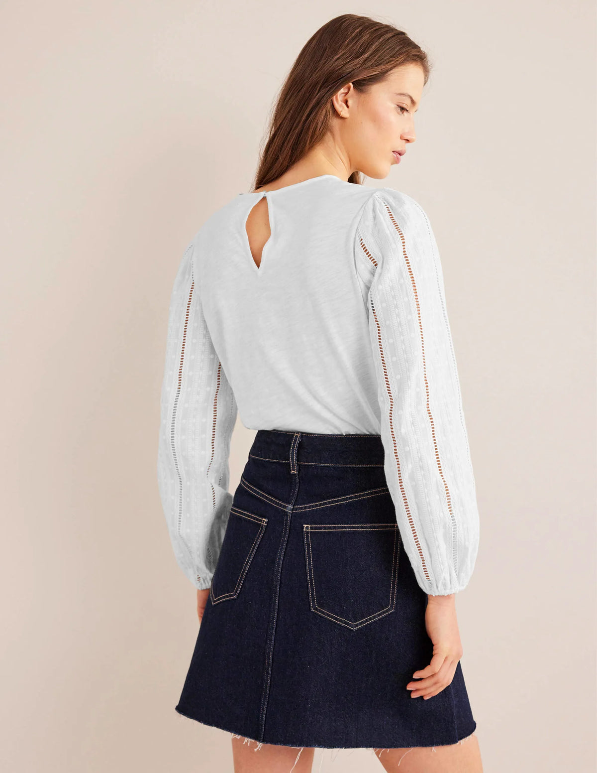 Crew Neck Broderie Sleeve Top-White
