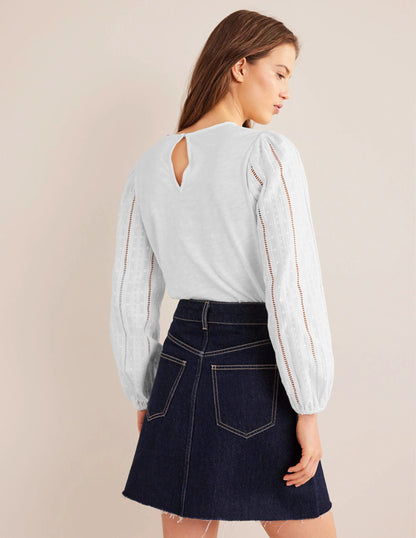 Crew Neck Broderie Sleeve Top-White