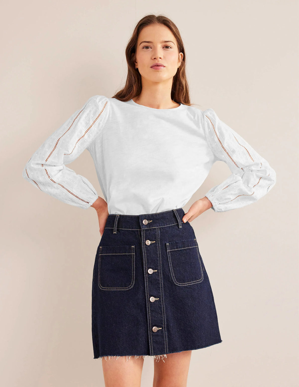 Crew Neck Broderie Sleeve Top-White