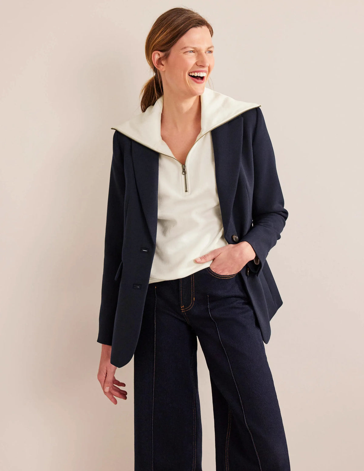 Funnel Neck Zip Sweatshirt-Ivory