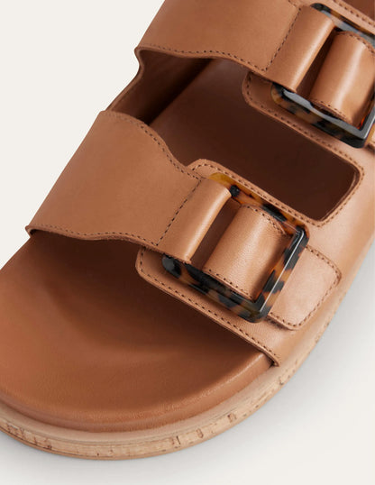 Chunky Flat Buckled Sandals-Golden Brown