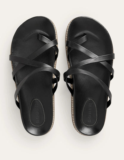 Multi Strap Flat Sandals-Black Leather