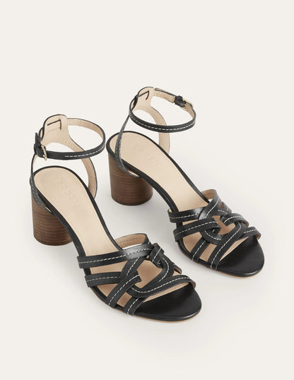 Multi Strap Heeled Sandals-Black Leather