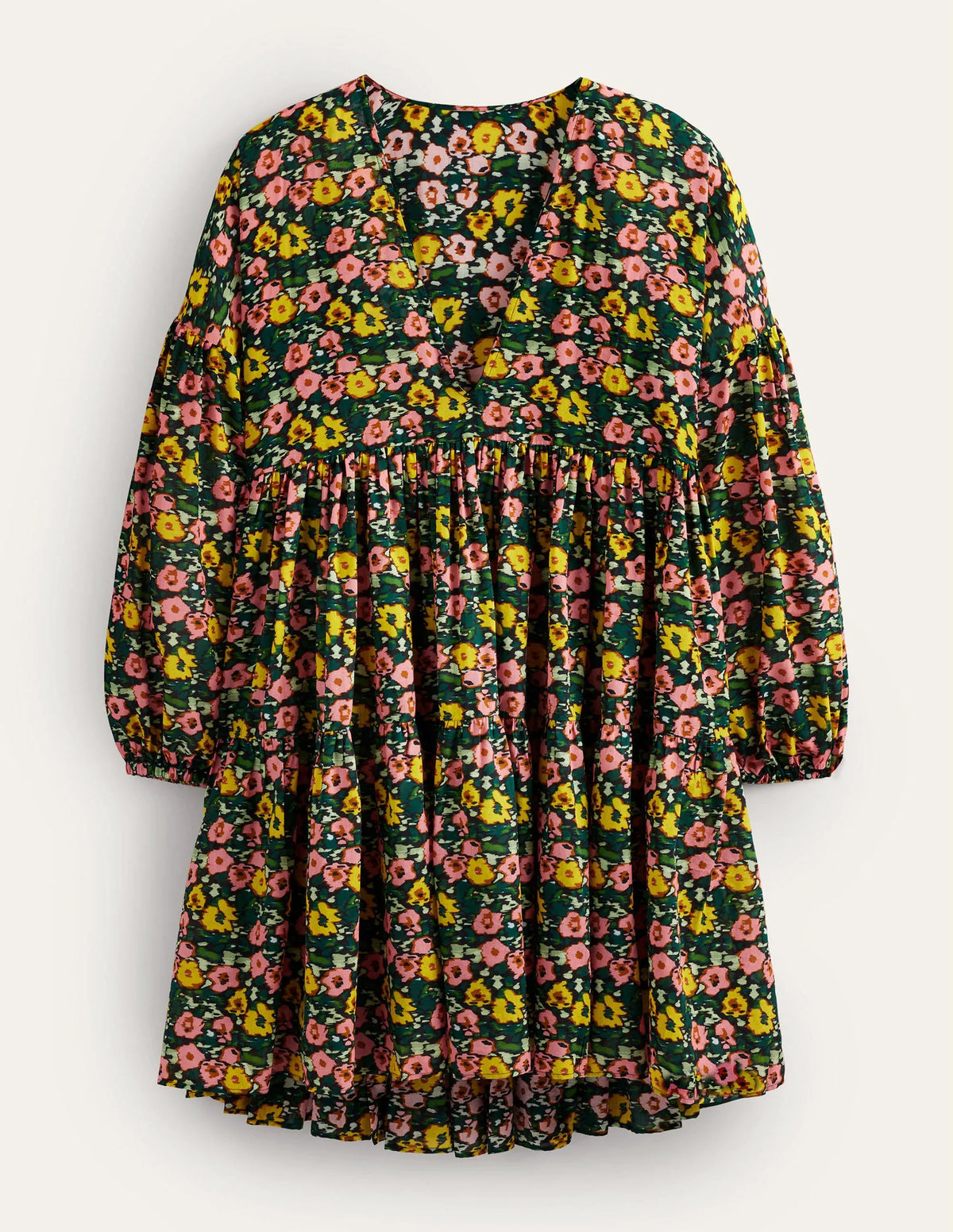 Relaxed Tiered Beach Dress-Emerald Night, Abstract Poppy