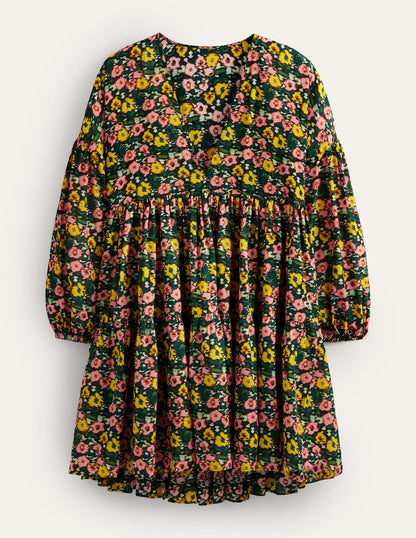 Relaxed Tiered Beach Dress-Emerald Night, Abstract Poppy