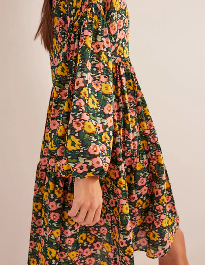 Relaxed Tiered Beach Dress-Emerald Night, Abstract Poppy