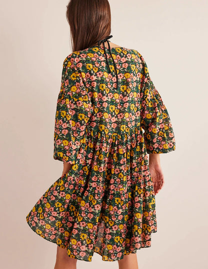Relaxed Tiered Beach Dress-Emerald Night, Abstract Poppy