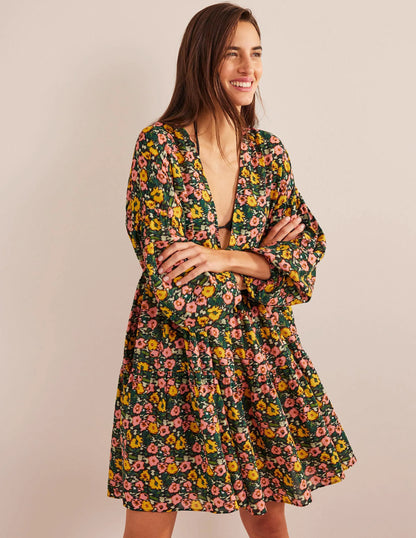Relaxed Tiered Beach Dress-Emerald Night, Abstract Poppy