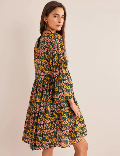 Relaxed Tiered Beach Dress-Emerald Night, Abstract Poppy