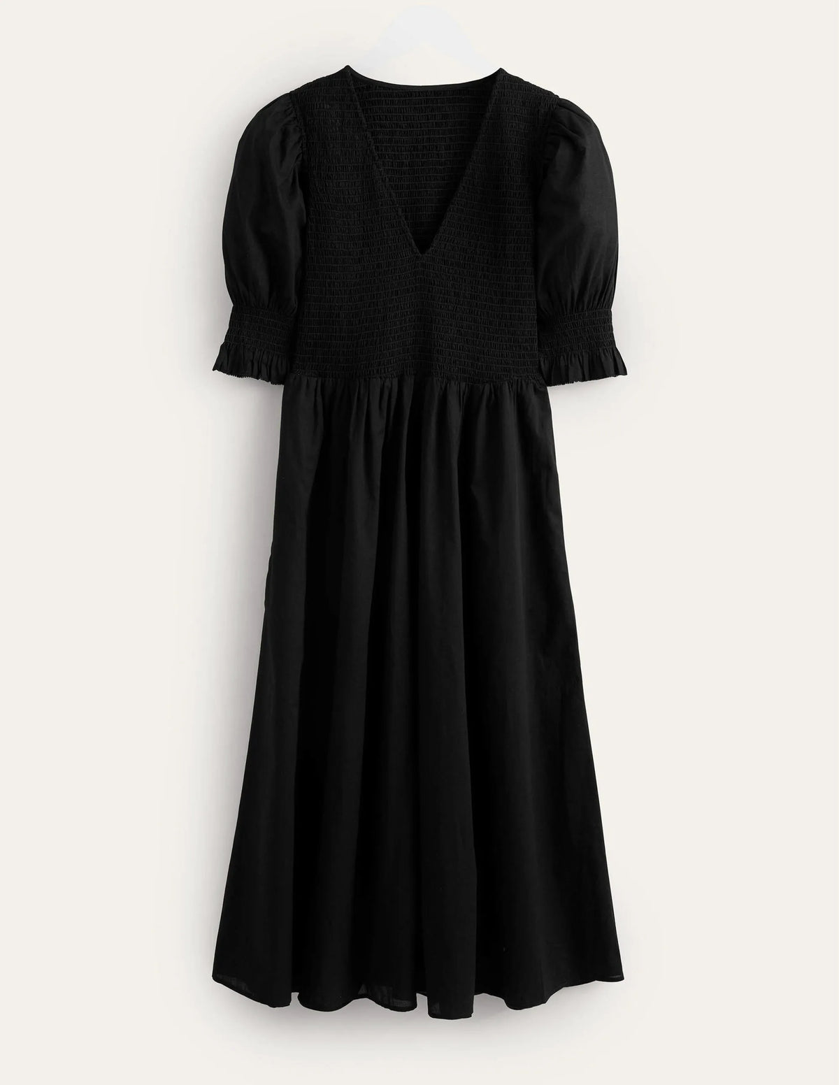 Smocked Linen Midi Dress-Black