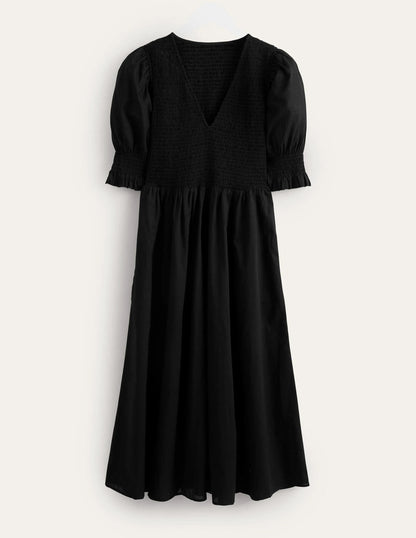 Smocked Linen Midi Dress-Black