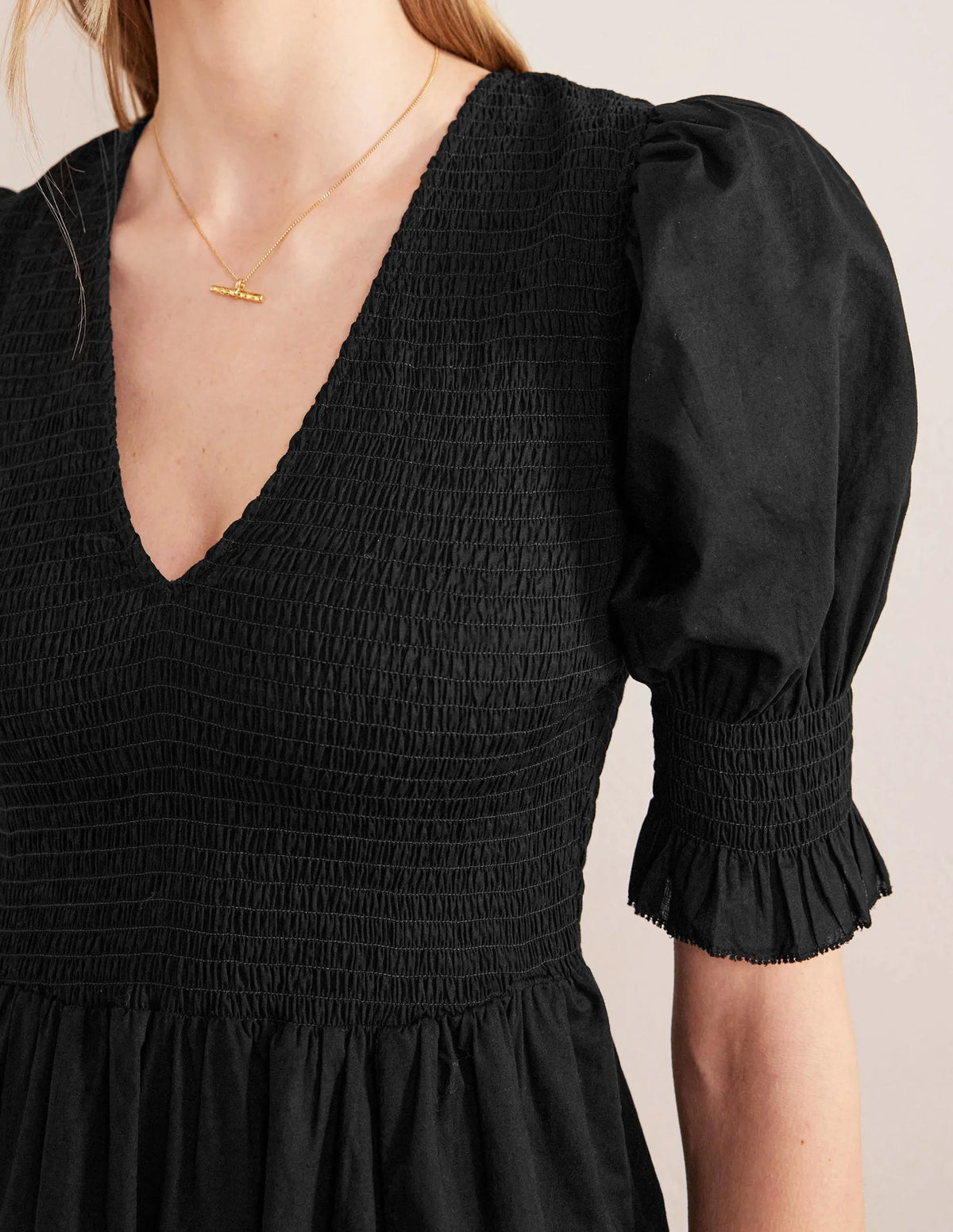 Smocked Linen Midi Dress-Black