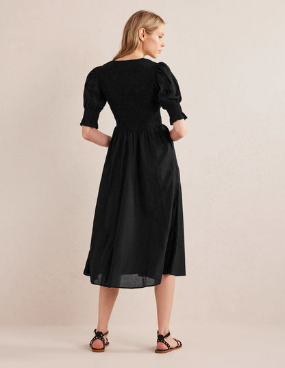 Smocked Linen Midi Dress-Black