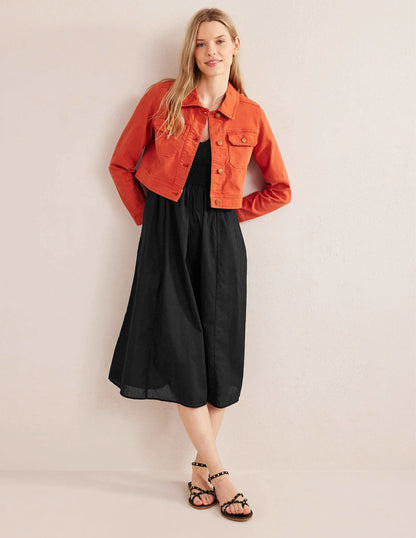 Smocked Linen Midi Dress-Black