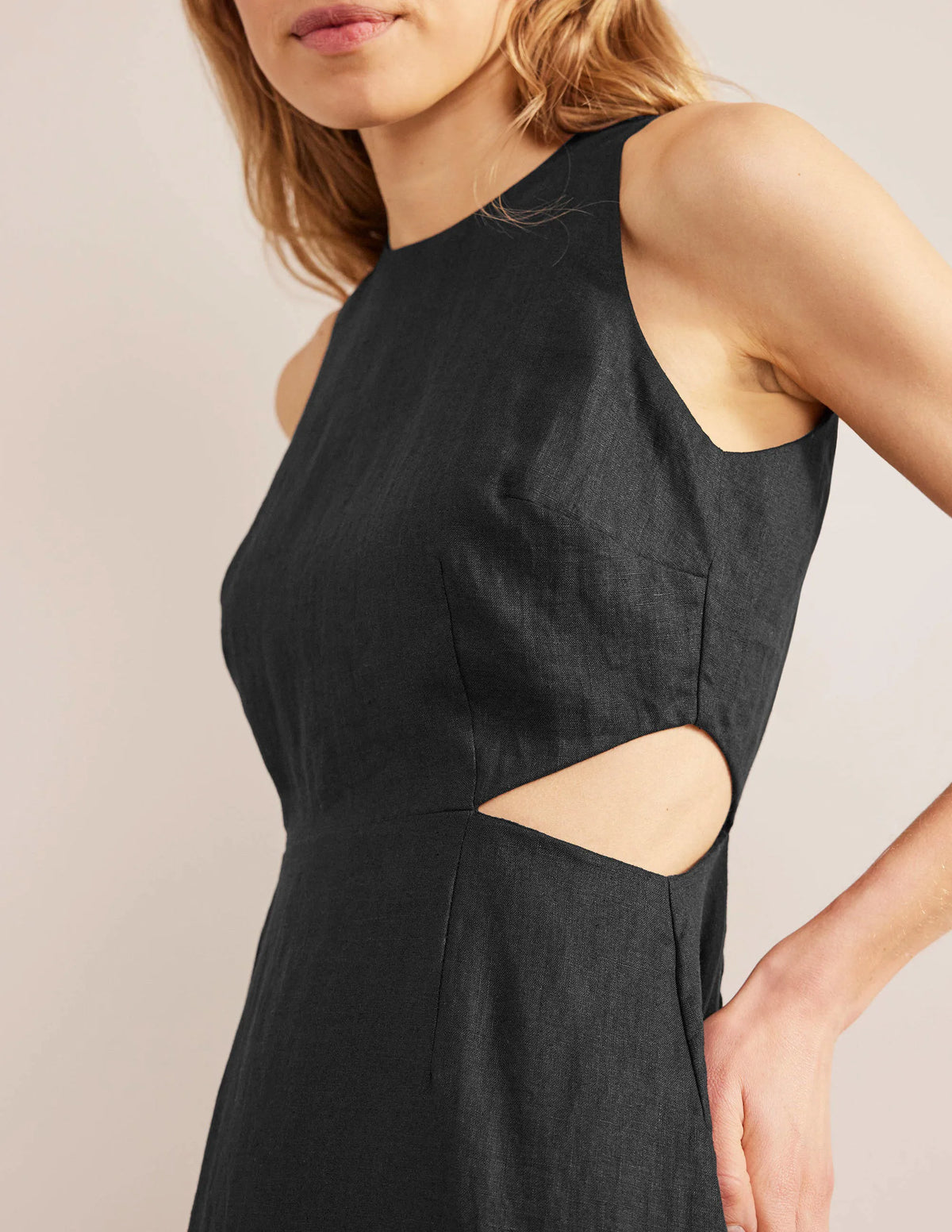 Cut Out Linen Midi Dress-Black