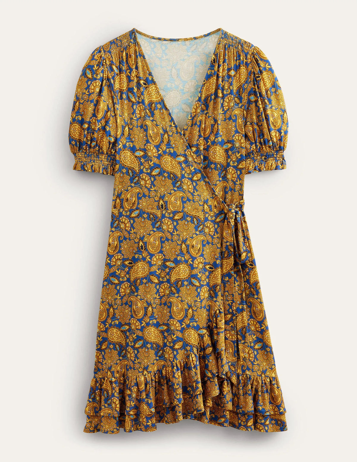 Ruffle Wrap Jersey Mini Dress-Harvest Gold, Paisley Terrace