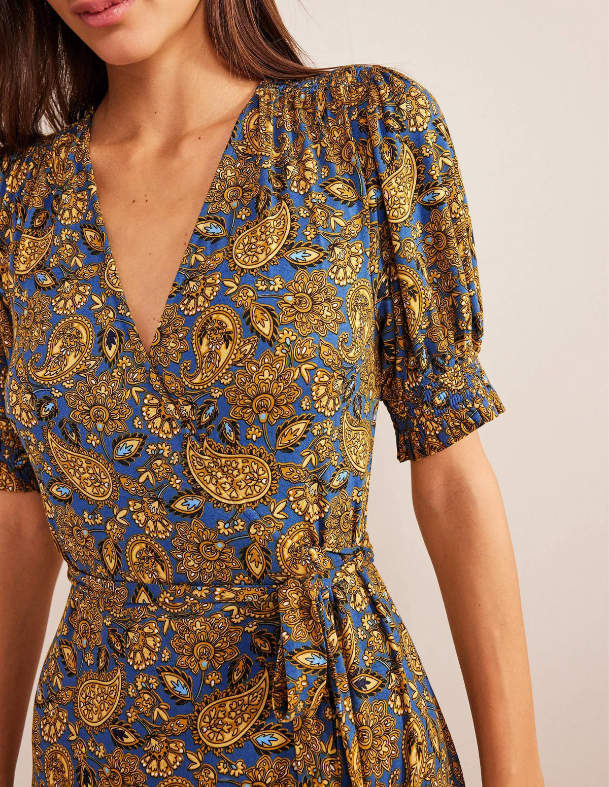 Ruffle Wrap Jersey Mini Dress-Harvest Gold, Paisley Terrace