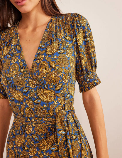 Ruffle Wrap Jersey Mini Dress-Harvest Gold, Paisley Terrace