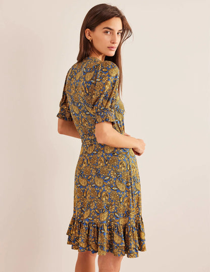 Ruffle Wrap Jersey Mini Dress-Harvest Gold, Paisley Terrace