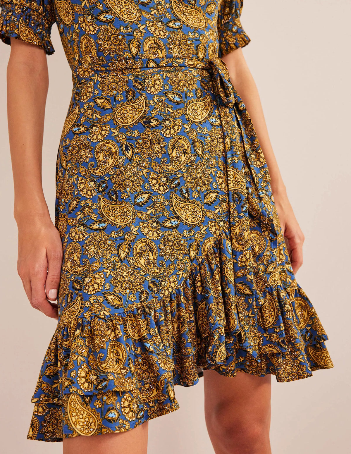 Ruffle Wrap Jersey Mini Dress-Harvest Gold, Paisley Terrace