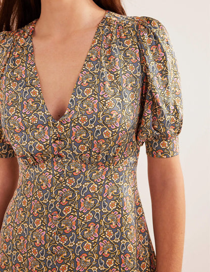 Satin Tea Dress-Nightshadow, Block Paisley