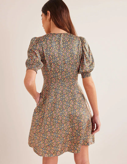 Satin Tea Dress-Nightshadow, Block Paisley