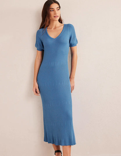 Angled Empire Knitted Dress-Porcelain Blue