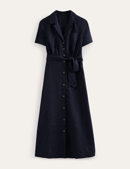 Linen Maxi Shirt Dress-Navy