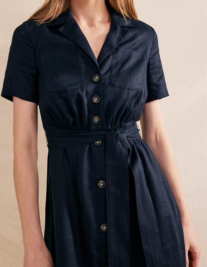 Linen Maxi Shirt Dress-Navy