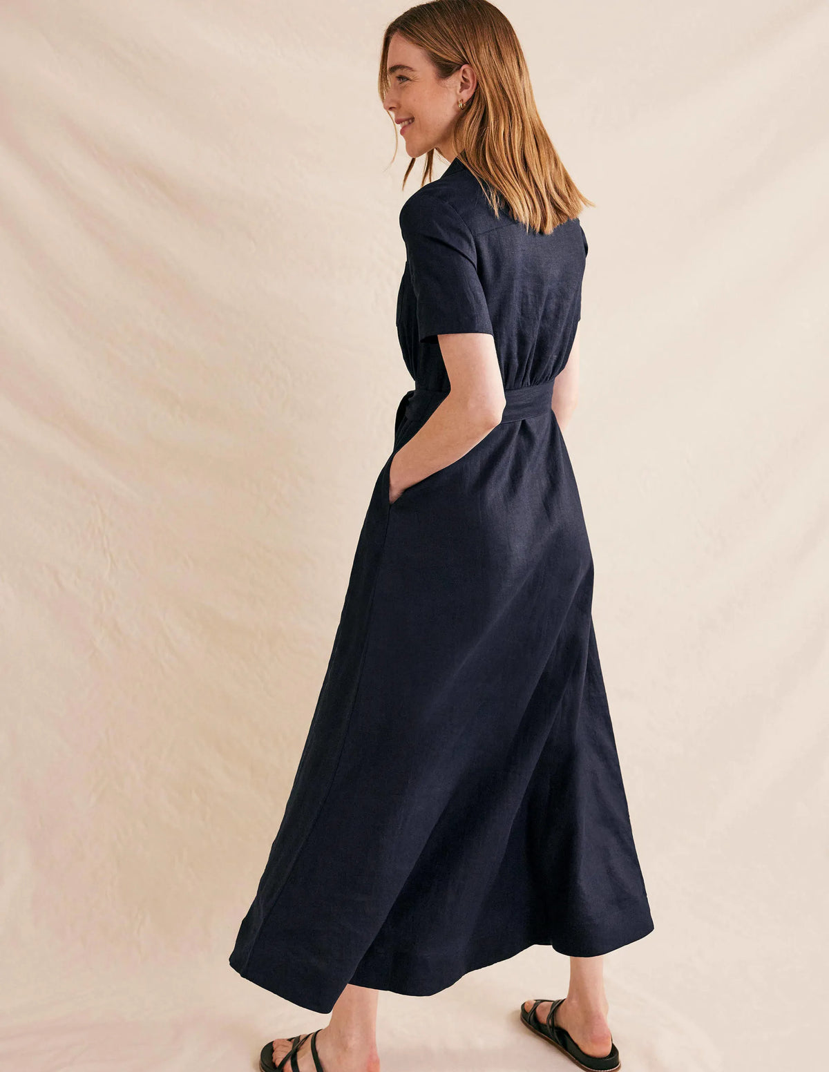 Linen Maxi Shirt Dress-Navy
