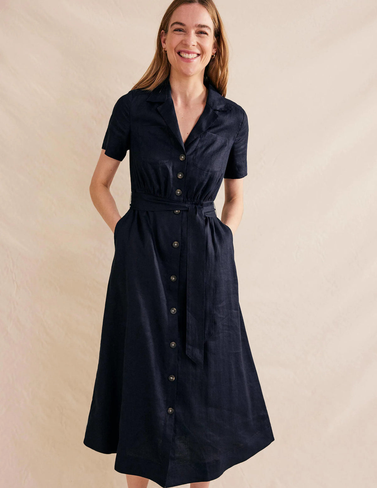 Linen Maxi Shirt Dress-Navy