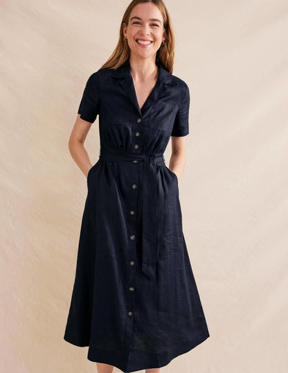 Linen Maxi Shirt Dress-Navy