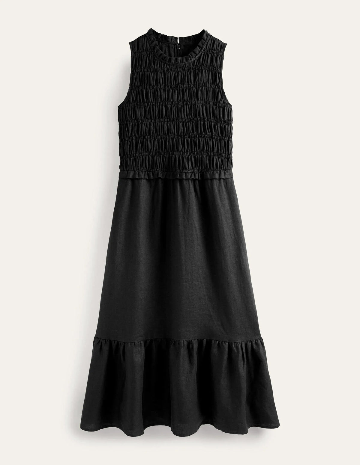 Smocked Linen Midi Dress-Black
