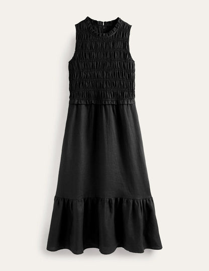 Smocked Linen Midi Dress-Black