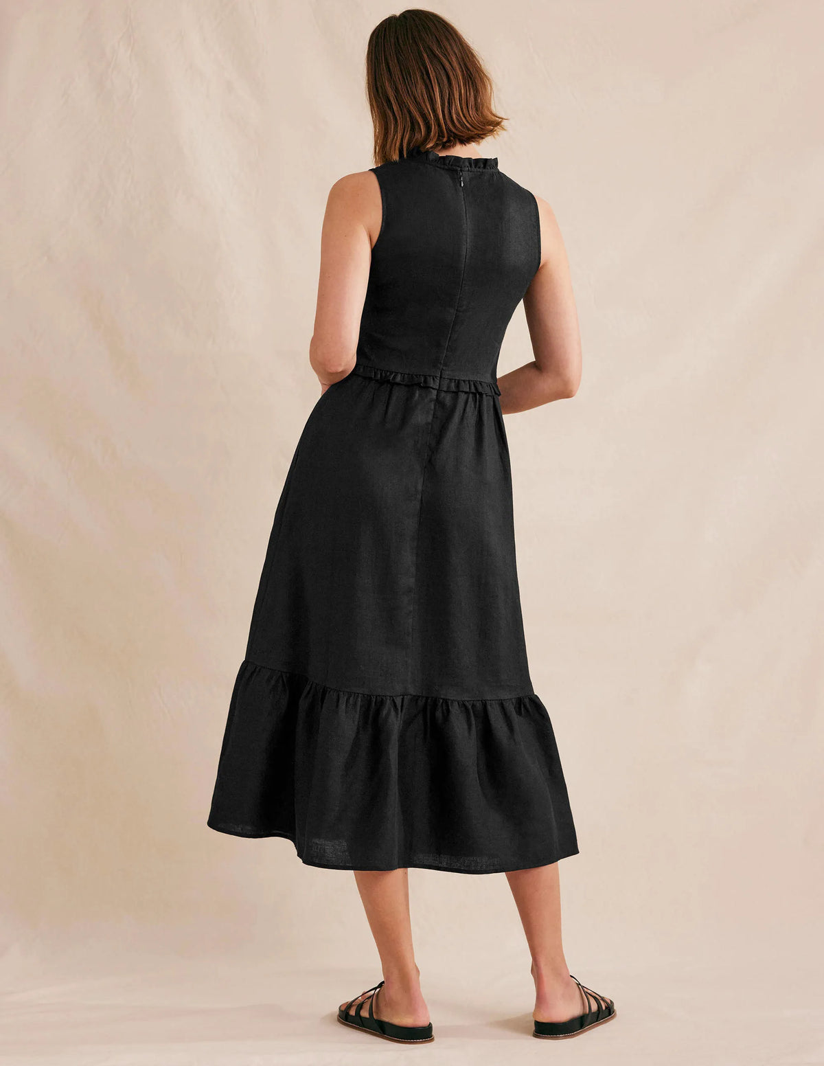 Smocked Linen Midi Dress-Black
