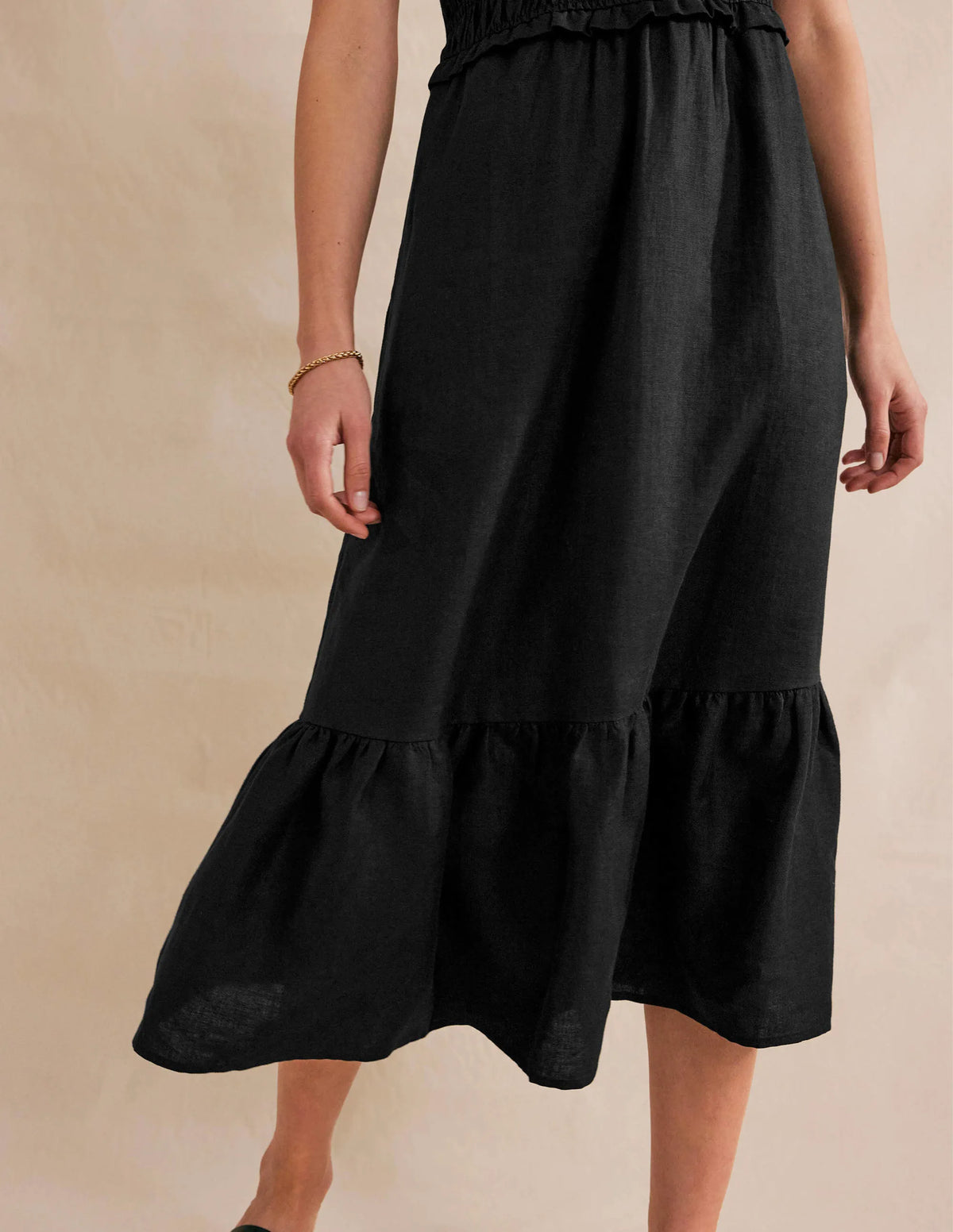 Smocked Linen Midi Dress-Black