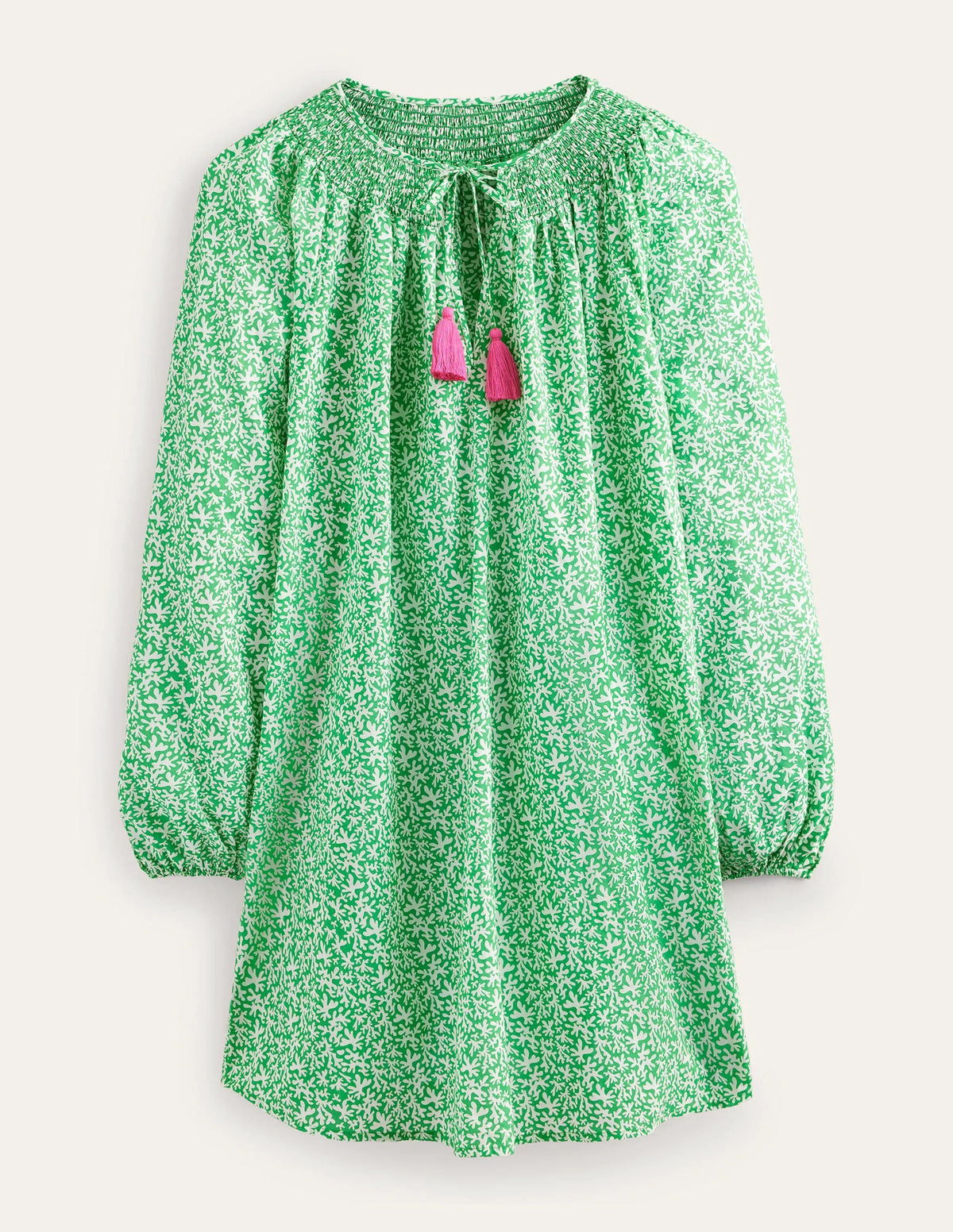 Smocked Neck Beach Kaftan-Bright Green, Abstract Foliage