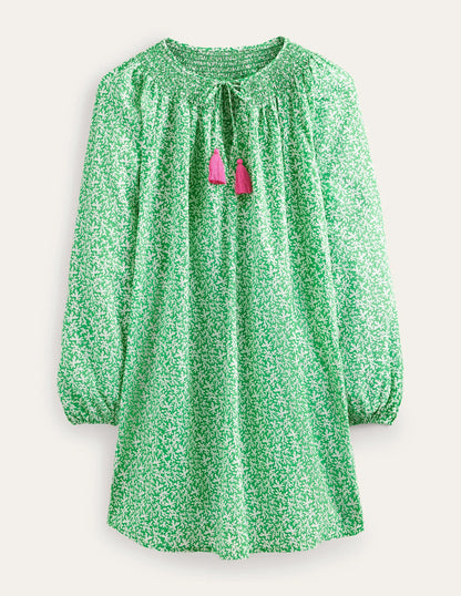 Smocked Neck Beach Kaftan-Bright Green, Abstract Foliage