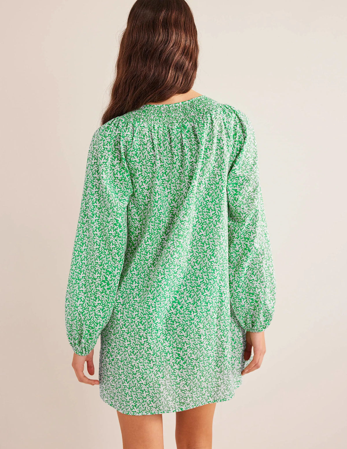 Smocked Neck Beach Kaftan-Bright Green, Abstract Foliage