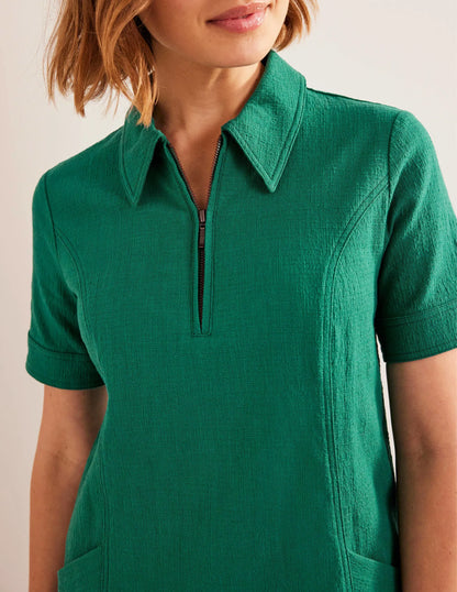 Zip Detail Mini Shift Dress-Bottle Green