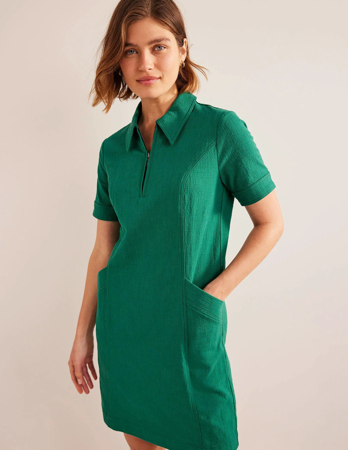 Zip Detail Mini Shift Dress-Bottle Green