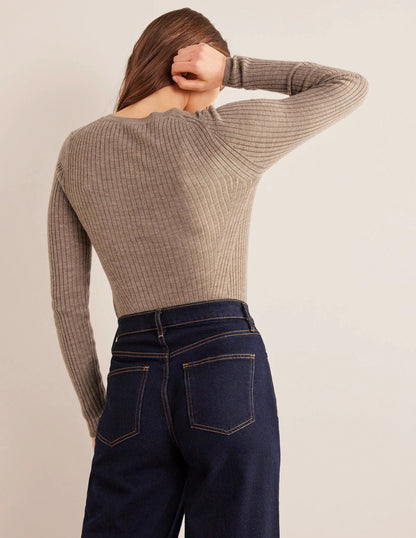 Ribbed Merino Jumper-Dark Mink Melange
